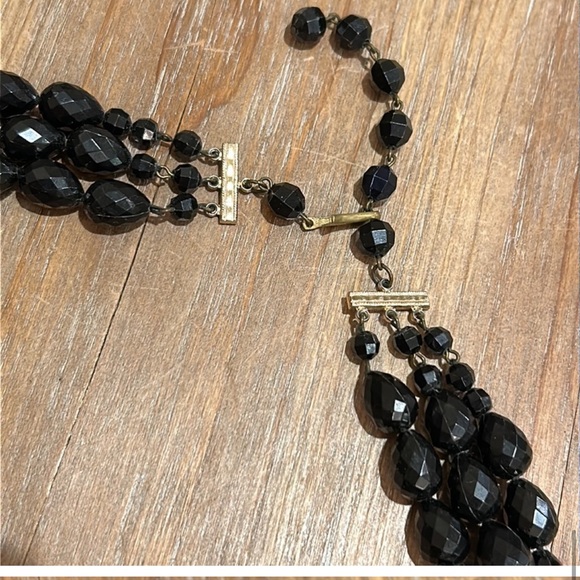 Vintage Germany Black 3 Strand Beaded Necklace. Choker & Matching Earrings set - Picture 7 of 16